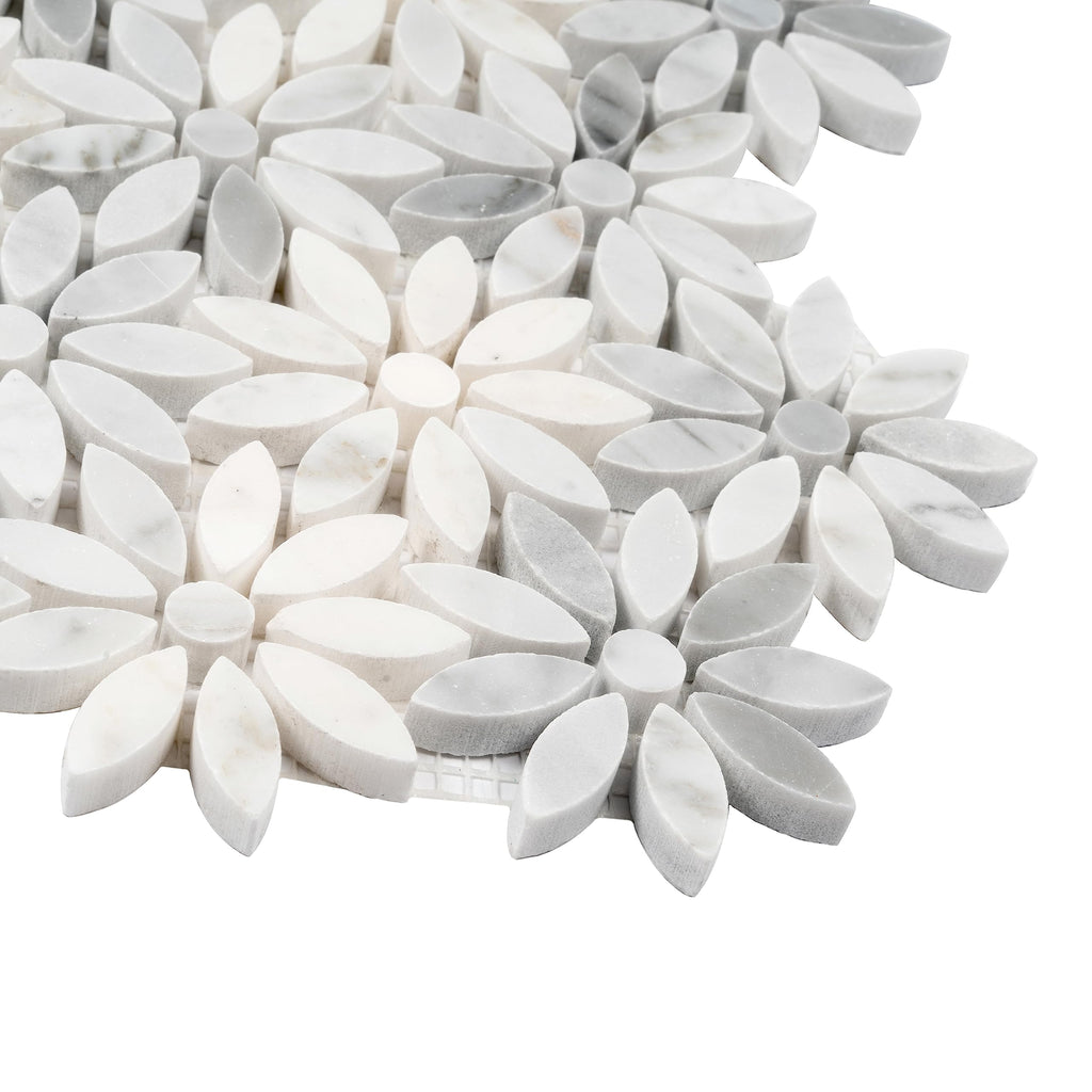 Flower Pattern Marble Mosaic Tile - 4.46 sq ft Box of 5 Sheets - White Gray Bianco Carrara Polished 10.7x12 in Mesh