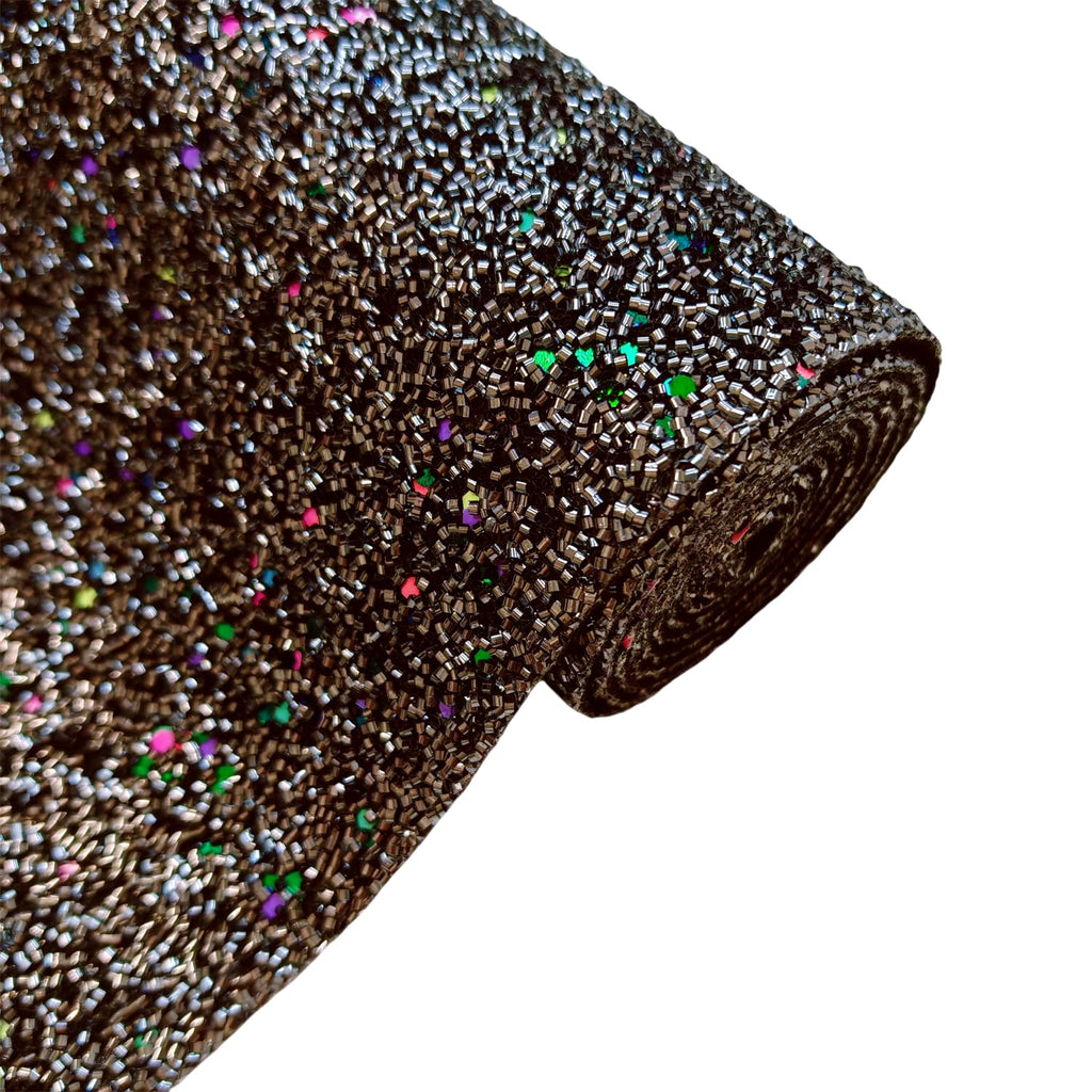 Gray Tinsel Fabric Chunky Glitter Faux Leather Roll, 52" x 12" inches, Halloween Mardi Gras Leatherette for Holiday