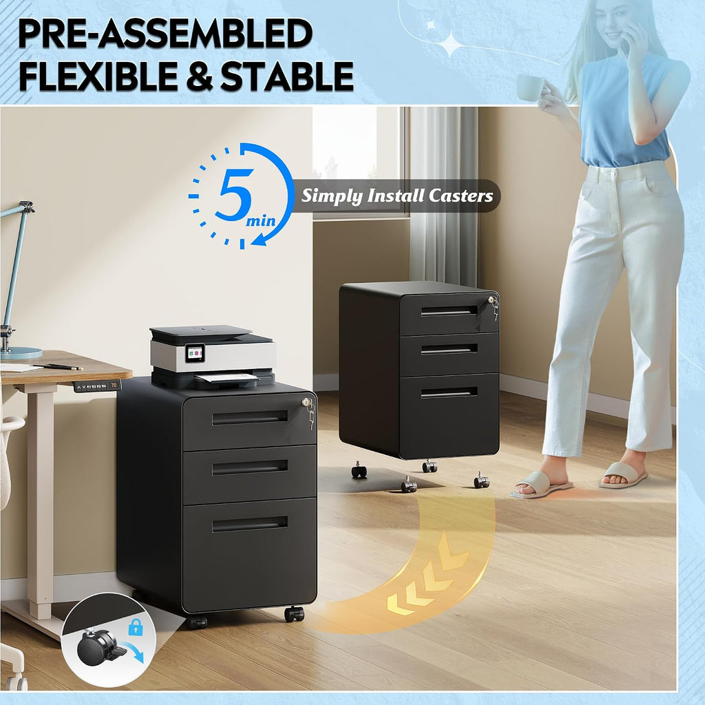 3 Drawer File Cabinet with Lock, Fully Assembled Except Casters | Thickened Metal Mobile Filing Cabinet, Under Desk