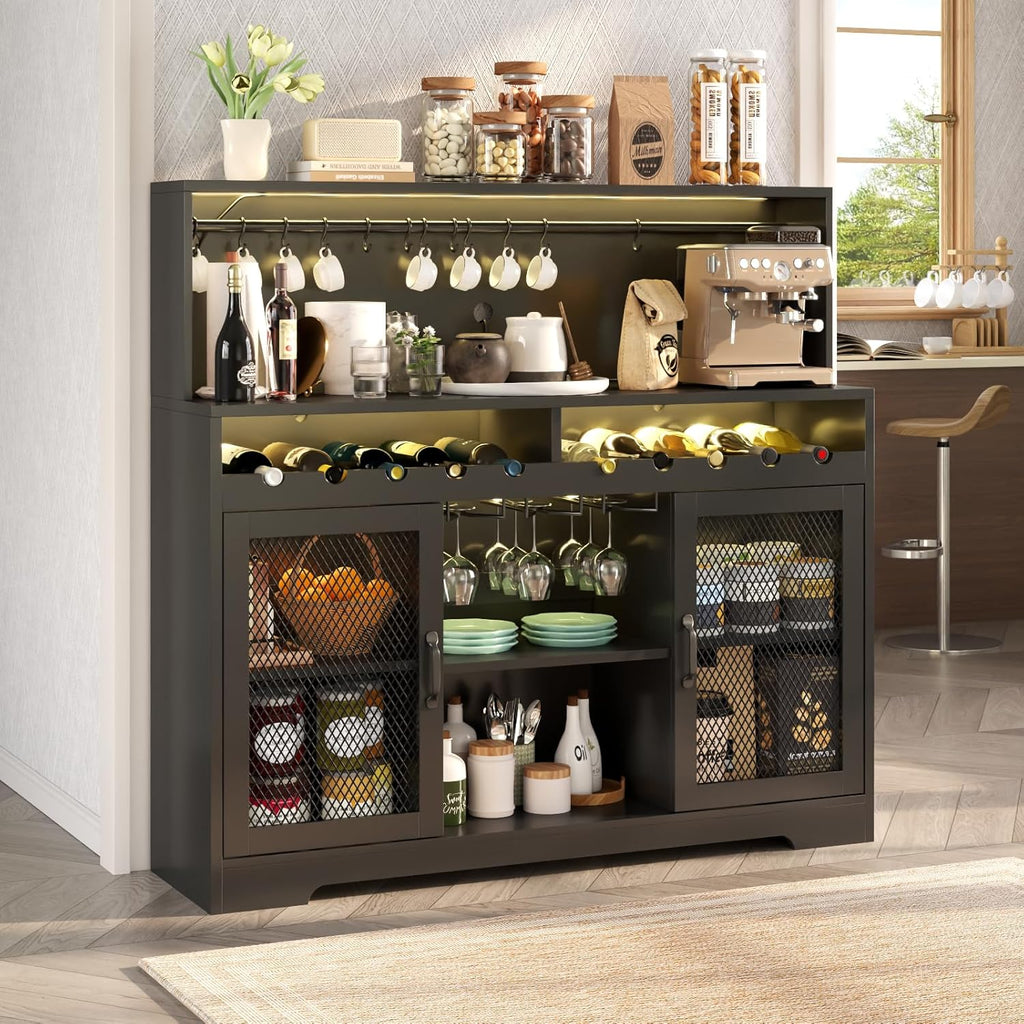 Wine Bar Cabinet with LED Light, Liquor Cabinet with Glass Holder, Coffee Bar for Liquor, Storage Buffet with Wine