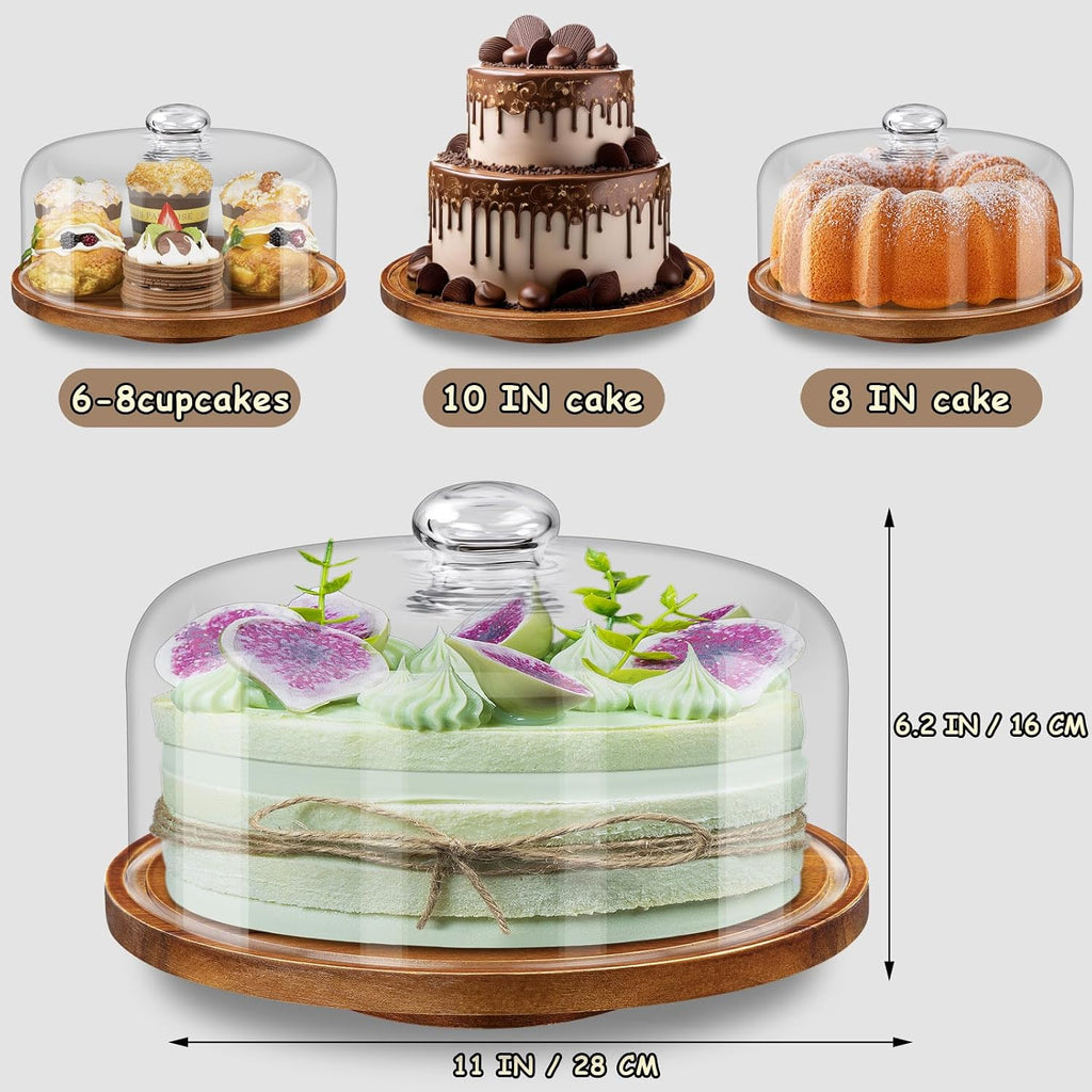 Cake Holder with Lid: 11in Wooden Rotating Cake Stand w/Glass Dome