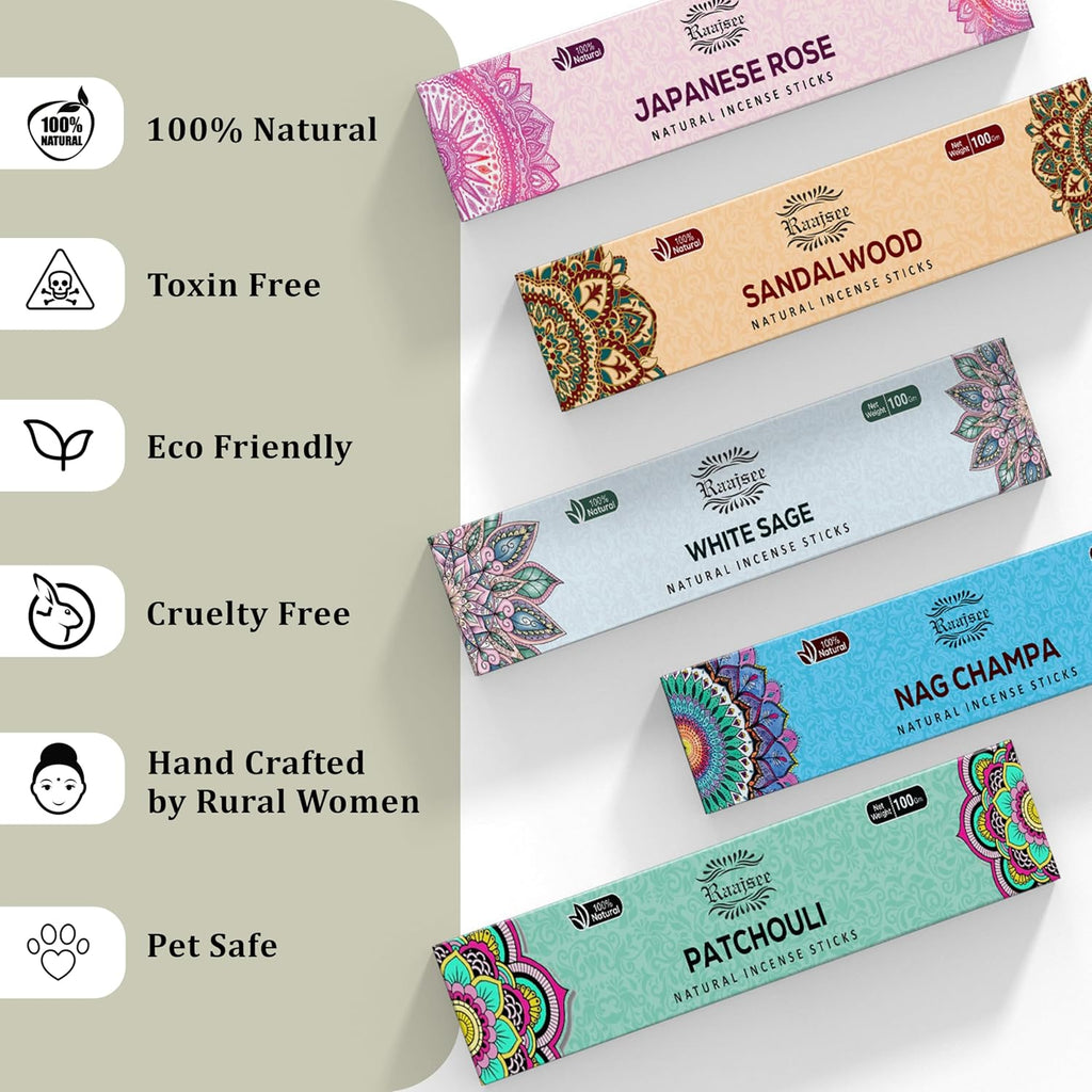 Incense Sticks Assorted Pack (180 gm), 100% Pure Organic Natural Hand Rolled Free from Chemicals - Set of 12