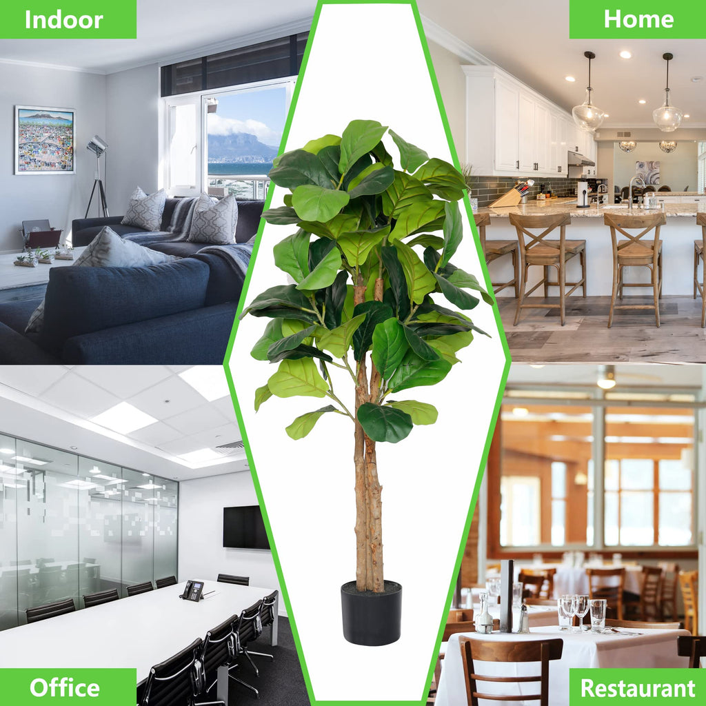 4ft Fiddle Fig Tree Artificial, Faux Fig Tree w/ 75 Leaves & 3 Trunks, Fake Ficus Lyrata Plant Real Touch Technology