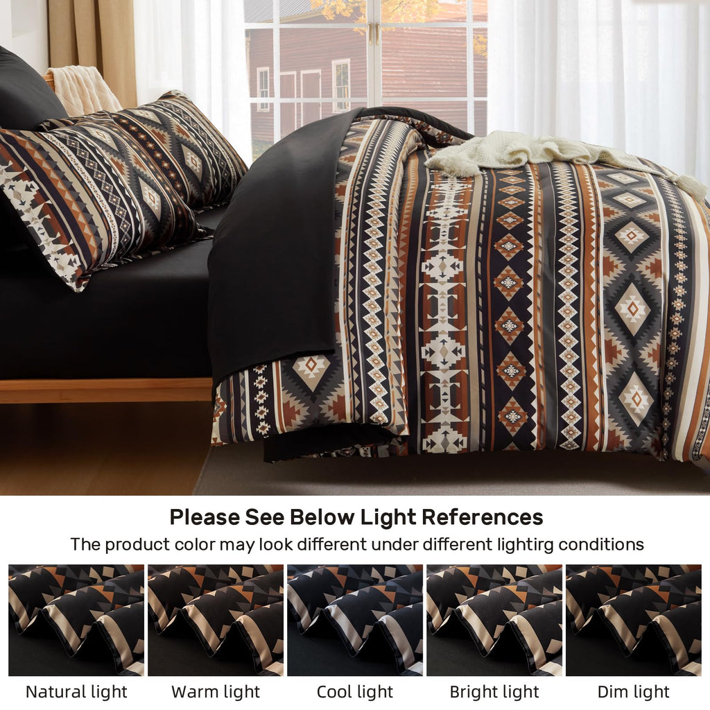 Queen Size Comforter Set Dark Coffee, 7 Pieces Boho Aztec Bed in a Bag Lightght Comforters Bedding Set with Sheets &