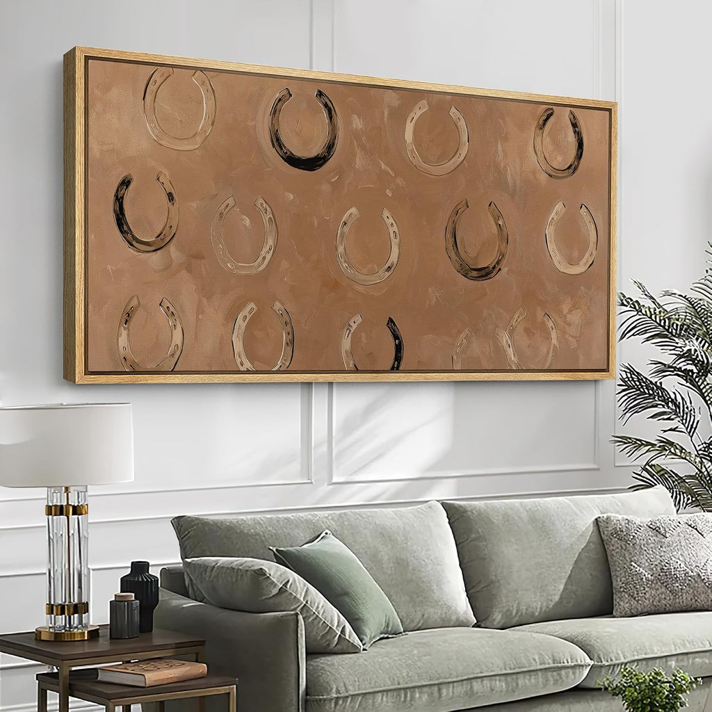 Extra Large Framed Canvas Print Wall Art Rustic Horseshoe Pattern Western Country Abstract Brown Horse Illustrations