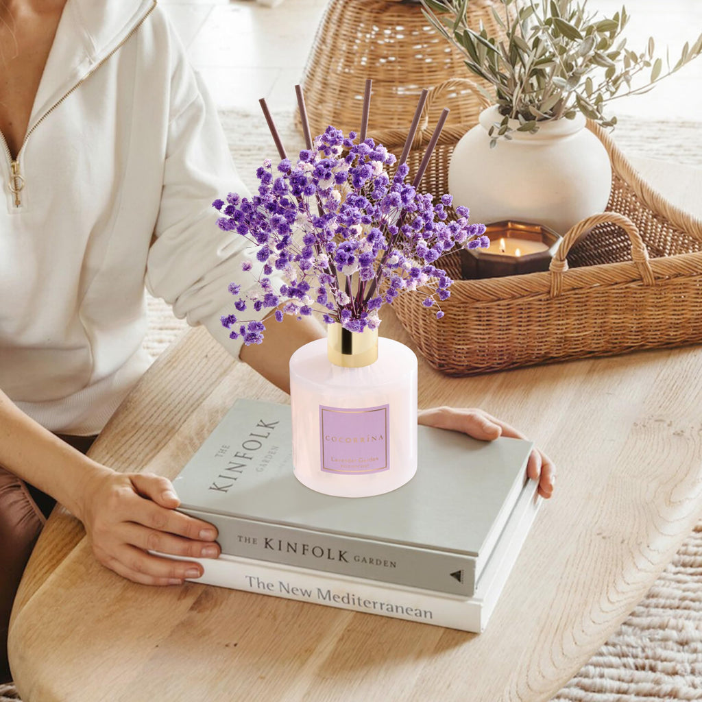Reed Diffuser - Lavender Garden 6.7 Fl.oz Reed Diffuser Set with Sticks & Preserved Baby's Breath, Reed Diffuser