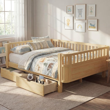 Twin Size Wood Floor Bed, Montessori Platform Daybed Frame with Safety Rails & Low Profile, Space Saving U-Shaped
