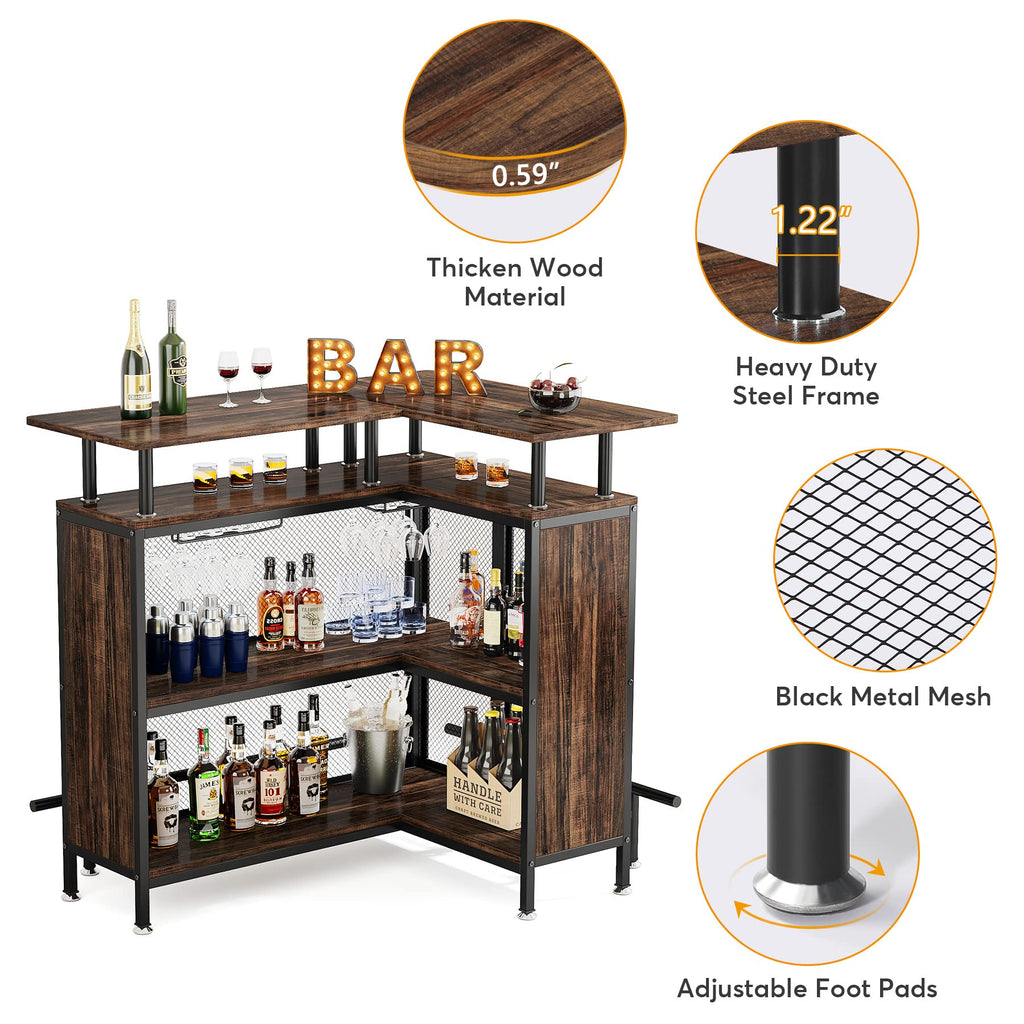 Bar Unit, L-Shaped Bar Table with Stemware Racks and 2-Tier Shelves, Corner Mini Coffee Liquor Cabinet with
