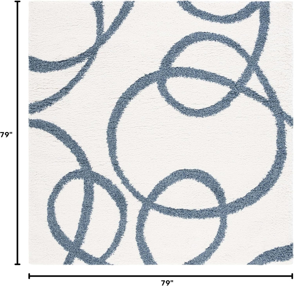 Calico Shag Collection Area Rug - 6'7" Square, Ivory & Blue, Modern Abstract Design, Non-Shedding & Easy Care