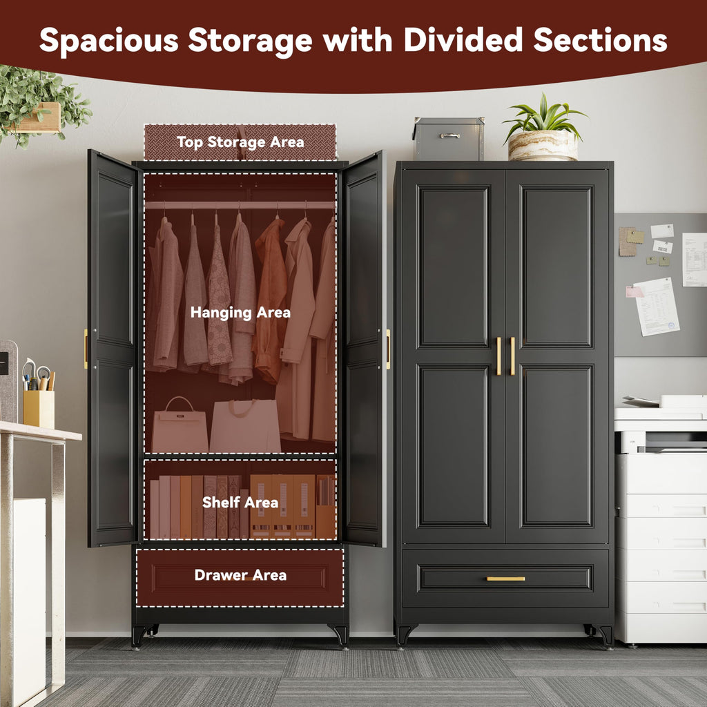 71" Tall Wardrobe Closet with Doors and Adjustable Shelves, Black