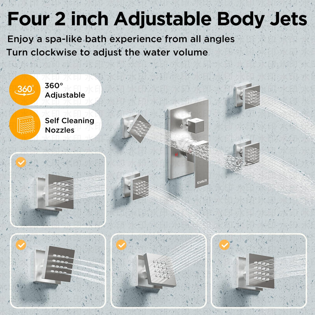 Rainfall Shower System with 4 Body Spray Jets, 4 Way 12 + 6"Rainfall Shower Head with Handheld Combo, Shower Jets