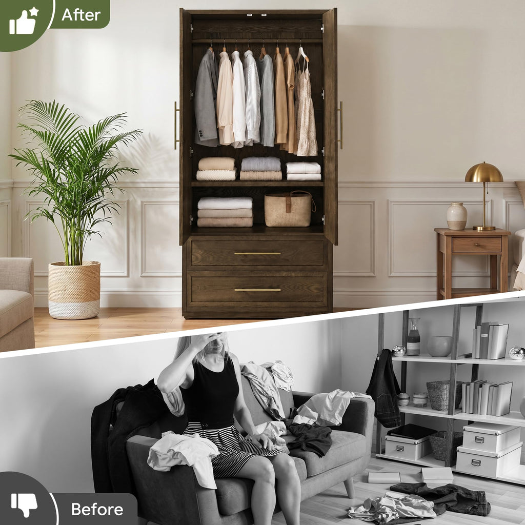 Solid Wood Armoire Wardrobe with Drawers, Storage Cabinet with Arched Doors