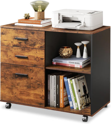 3 Drawer Wood File Cabinet, Rolling Filing Cabinet with Open Storage Shelf, Printer Stand Storage and Organization