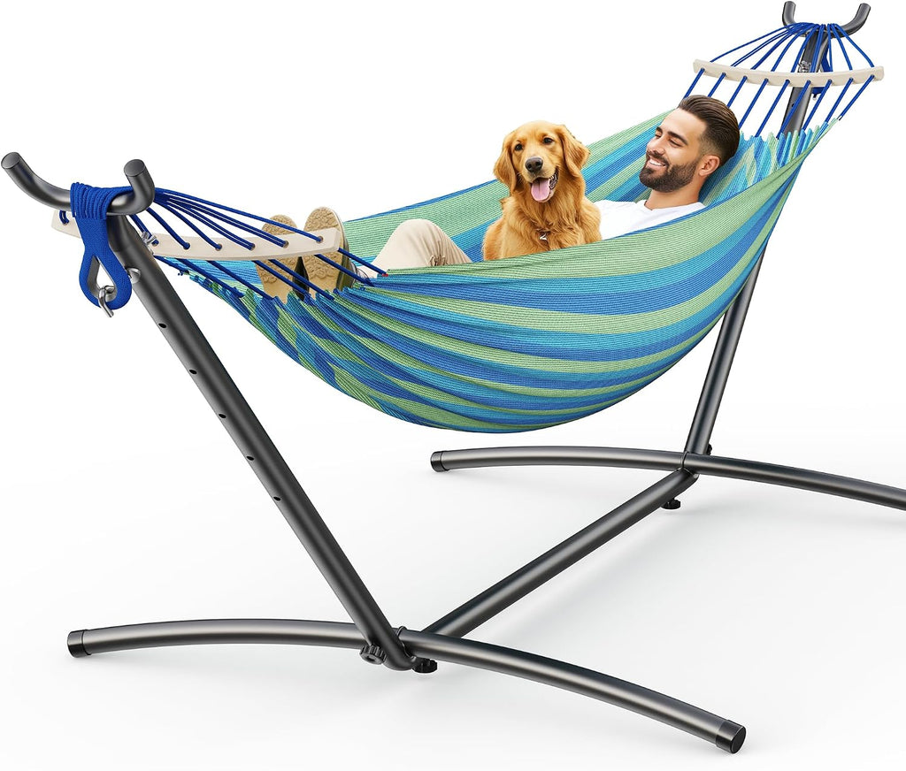 Double Hammock with Stand, 2 Person Hammock with Anti-Rollover Spreader Bar, Adjustable Height Heavy Duty Steel