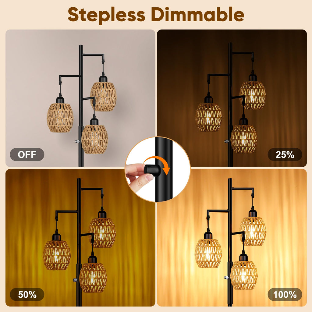 Dimmable Boho Floor Lamp - 3 Light Farmhouse Rattan Floor Lamps, Tree Floor Lamps with Bohemian lampshades, Rustic