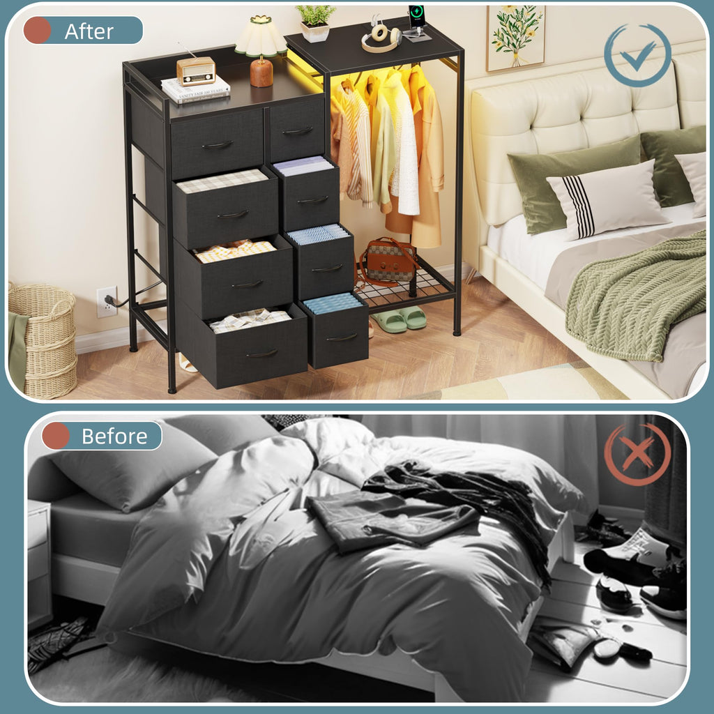 8-Drawer Dresser with Hanging Rack, Black, 11.8" D