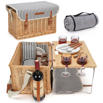Wicker Picnic Basket for 4 with Wine Table - Stripe