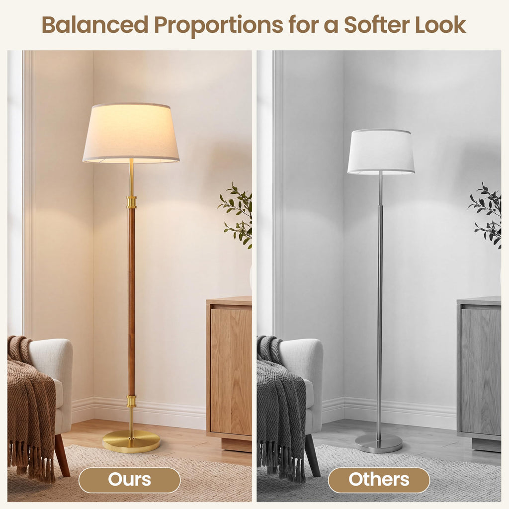 Mid Century Floor Lamp, Dark Walnut Wood Pole Standing Lamp with 18" Linen Shade, Brushed Gold Aluminum Accents, 11"