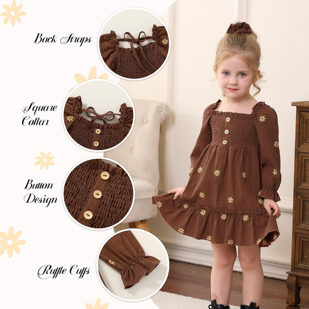 Toddler Girl Dress Long Sleeve Linen Vintage Baby Fall Winter Outfits Clothes