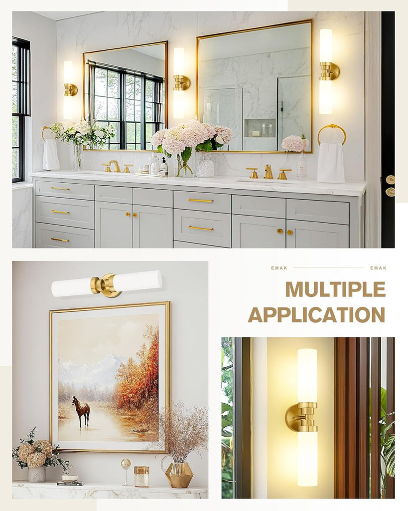 Modern 22 Inch Bathroom Light Fixtures Over Mirror, Brushed Gold Vanity Light Bar with Milk Glass Shade, 2-Light
