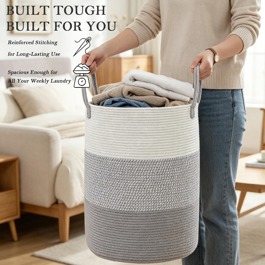 Large Laundry Hamper, Woven Rope Basket - Grey