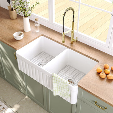 Double Bowl Farmhouse Kitchen Sink Fireclay Farm Sink 32.7 Inch