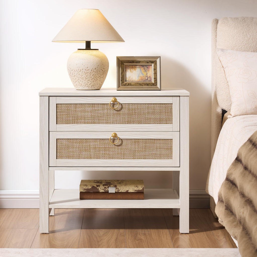 White Rattan Nightstand Set of 2, Wide Bedside Table with 2 Drawers