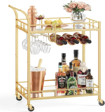 Bar Cart Gold, Home Bar Serving Cart, Wine Cart with 2 Mirrored Shelves, Wine Holders, Glass Holders, Gold ULRC092A62