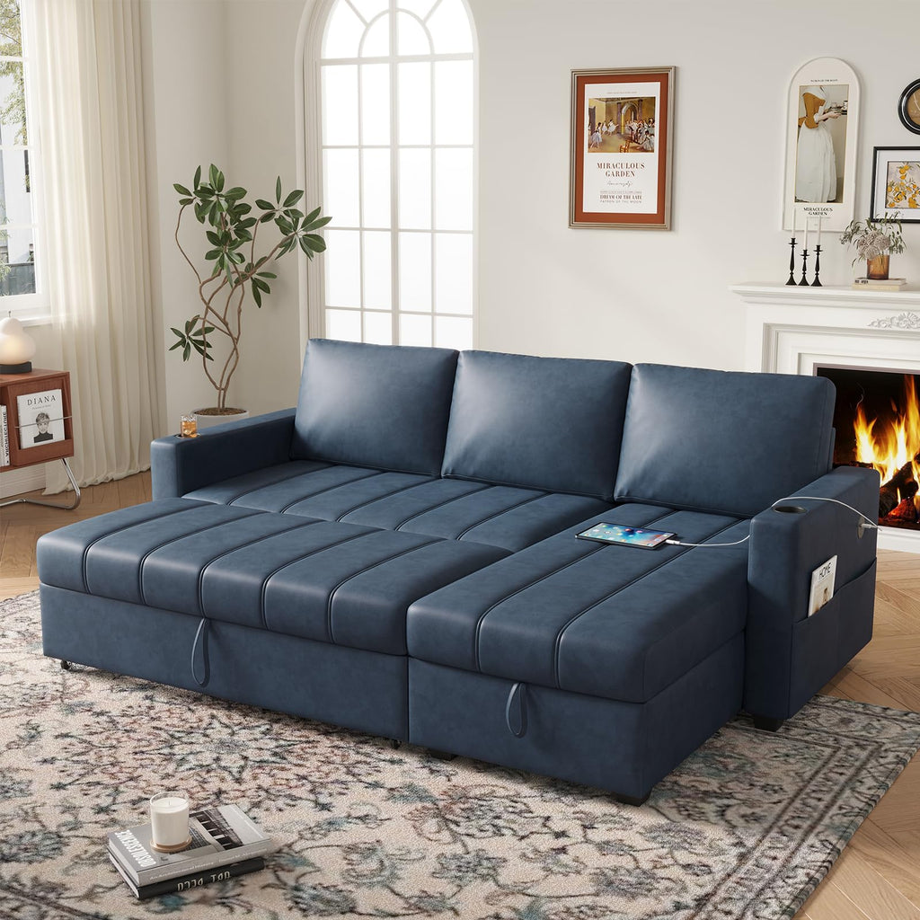 89 inch L-Shaped Sectional Sofa Sleeper with Storage Space & Side Pocket, Anti-Scratch Faux Leather Couch Bed with