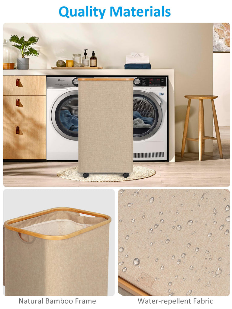 Laundry Basket with Wheels, Tall Rolling Laundry Hamper with Lid and Removable Bag, Aesthetic Dirty Clothes Hamper on