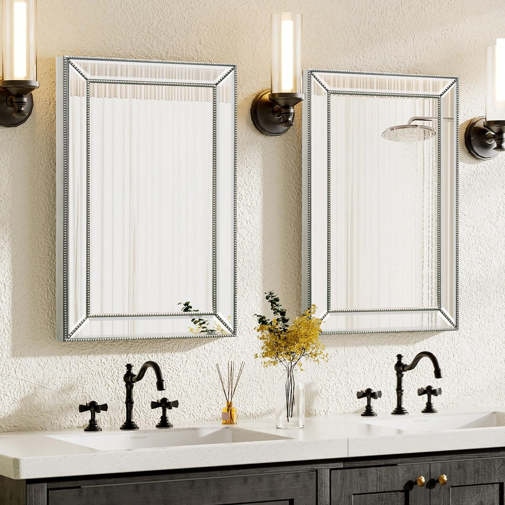 20x32 Inch Bathroom Medicine Cabinet, Silver Metro Beaded Wooden Frame, Retro Bevel Mirror, Recessed & Surface Mount