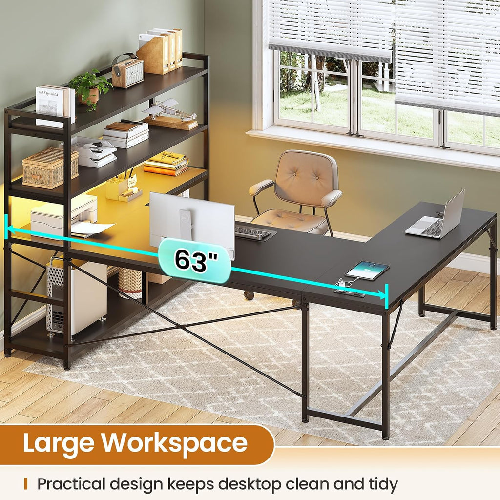 L Shaped Gaming Desk, 63'' Reversible Computer Desk with Power Outlet and Storage Shelves, Corner Gaming Desk with