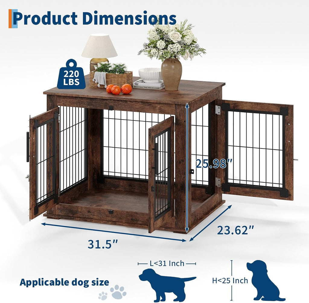 Farmhouse Dog Crate Furniture End Table - Heavy Duty Wooden Kennel Cabinet with Double Doors for Small/Medium Dogs