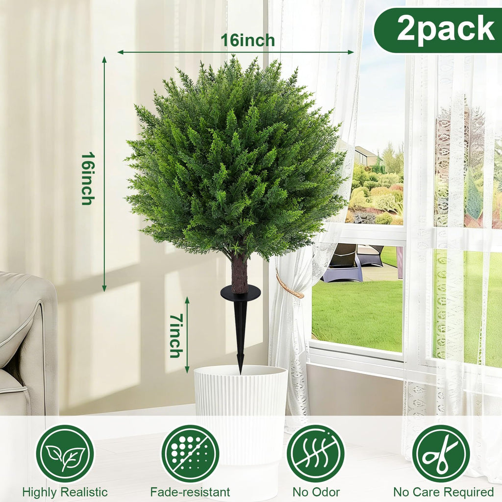 23" Artificial Cedar Topiary Ball Trees Set of 2 with Ground Spikes