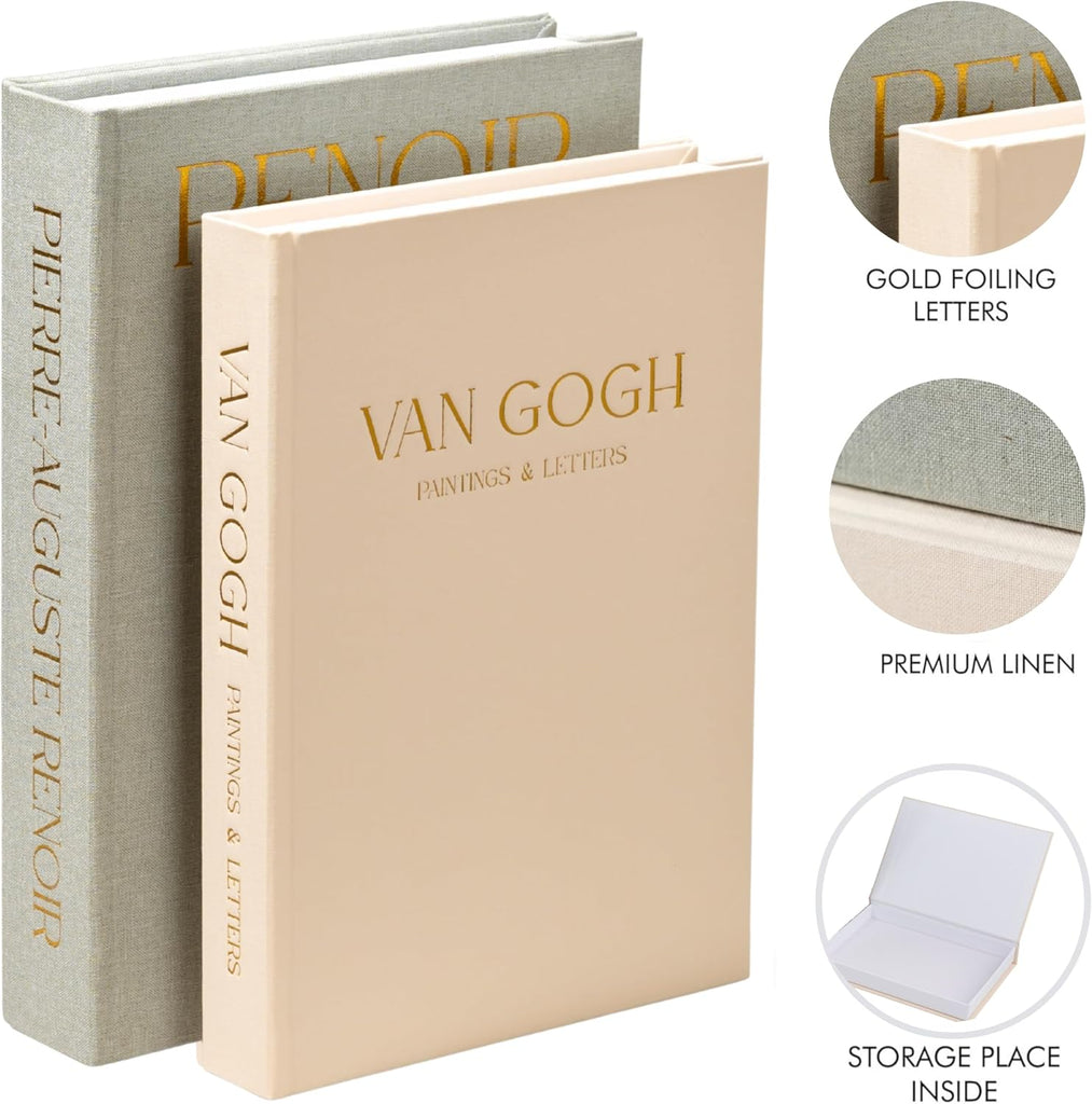 Decorative Books with Hidden Storage - Premium Linen Coffee Table Books, Van Gogh & Renoir Art Decor | Faux - Set of 2