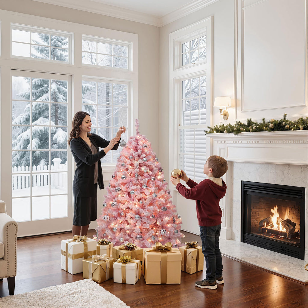 4.5ft Prelit Pink Flocked Christmas Tree w/ 200 Warm White Lights