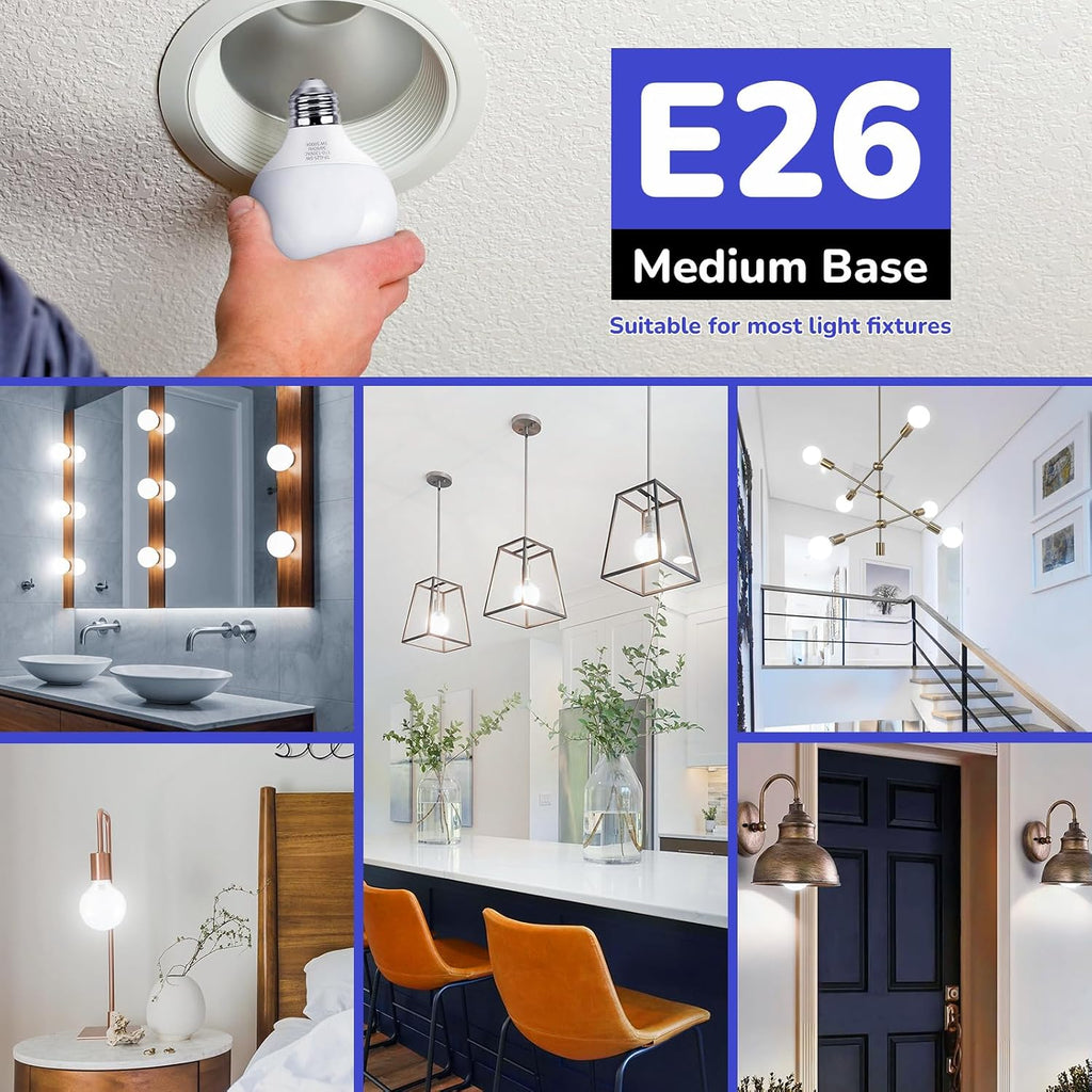 G25 LED Globe Light Bulbs Daylight White 5000K, Round Vanity Light Bulb 60W Equivalent, E26 Base Bathroom Mirror