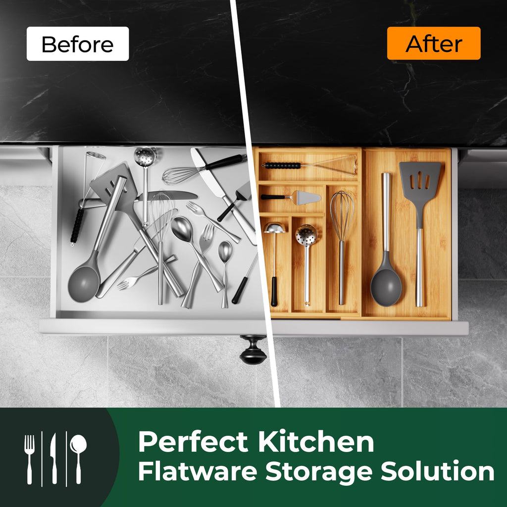 Large Silverware Organizer, 13 Slots Magnetic Connected Expandable Bamboo Utensil Drawer Organizer From 21 to 37.4
