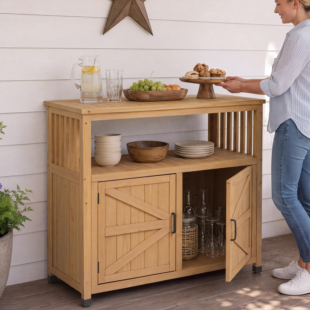 Outdoor Patio Bar Table, Wooden Serving Station with Storage Cabinet