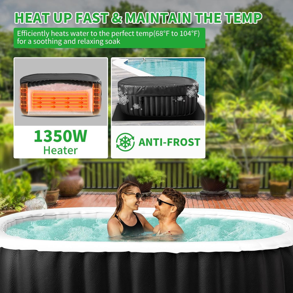 Inflatable Blow Up Hot Tub with LED Lights, 2 Person Oval Portable Hot Tub, Leak-Proof PVC Outdoor Spa with 100 Air