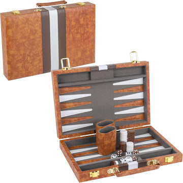 Backgammon Set, 11 Inch Portable Board Game with PU Leather Case for Adults, Brown Backgammon Travel Set