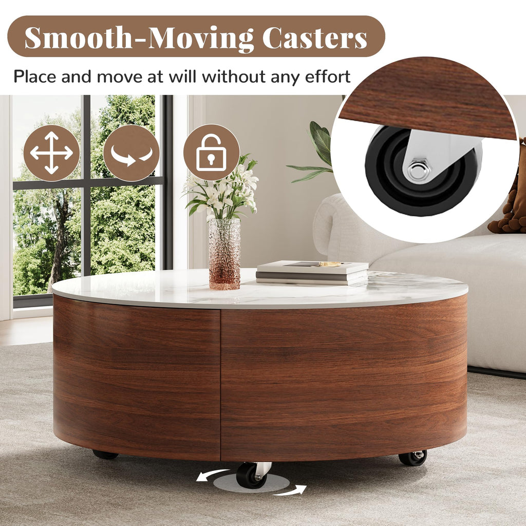 29.5'' Round with 2 Drawer Storage & Smooth-Moving Casters, Modern Fluted Wood, Sintered Stone Marble Pattern Top &