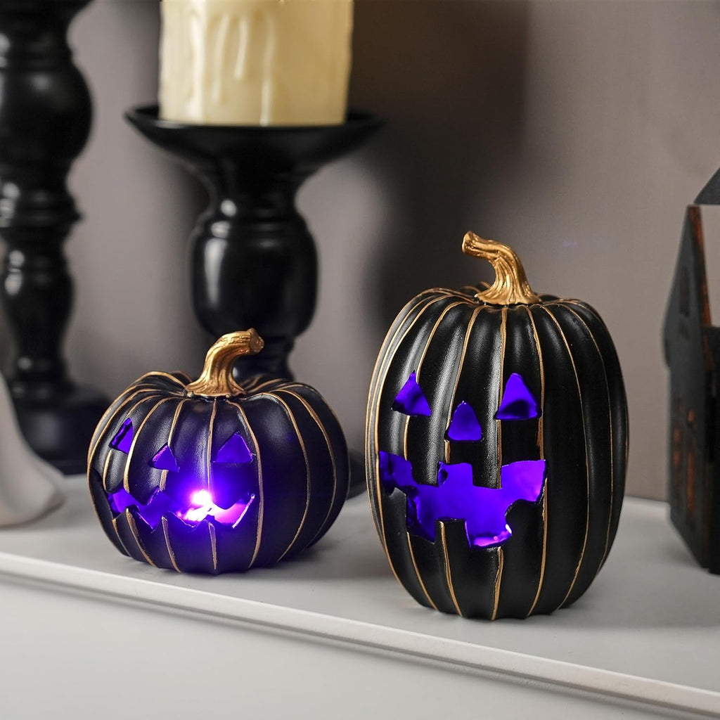 Light Up Black Jack O Lantern Pumpkins Halloween Decor - Set of 2