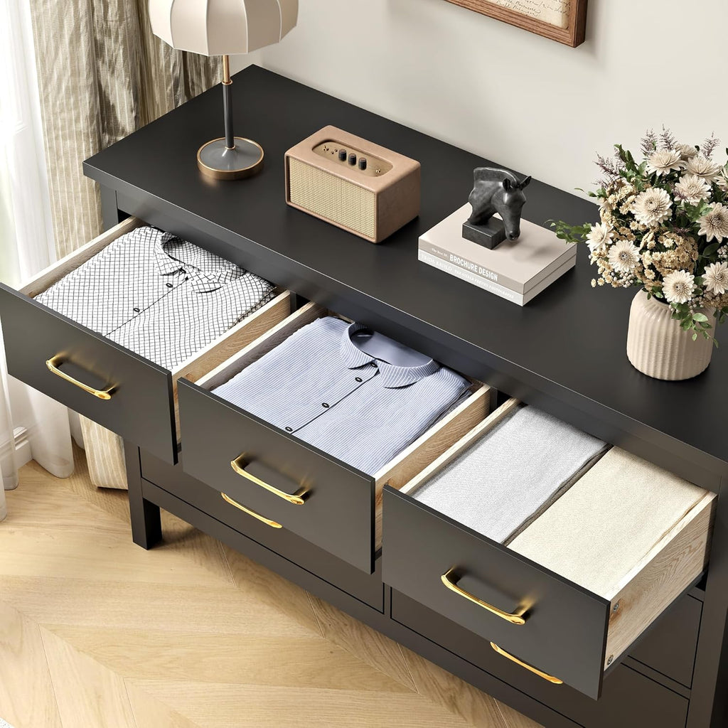 Black Dresser , 7 Drawer Wood Double Dresser with Golden Handles, Wide Chest of Organizer Storage Drawers | Black