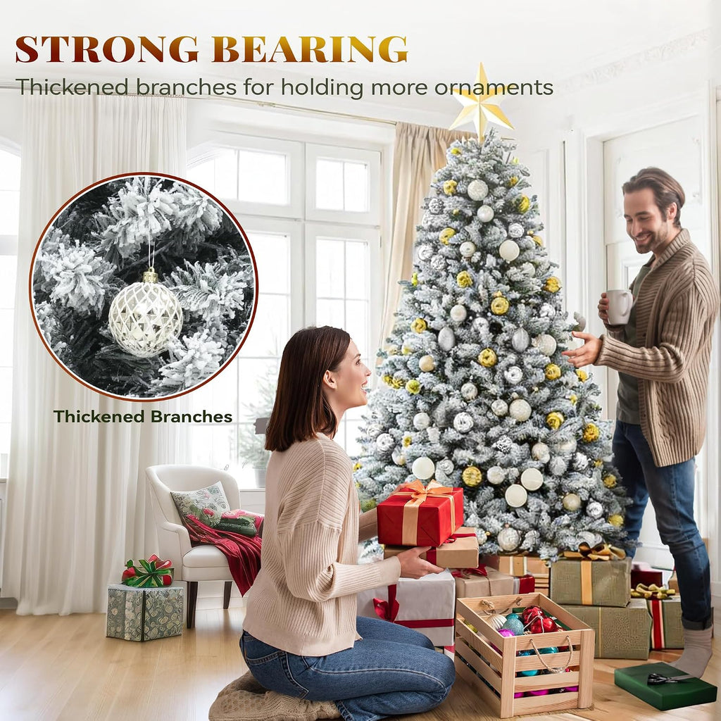 Prelit Snow Flocked Artificial Full Christmas Tree with Remote Control, Christmas Pine Tree with 11