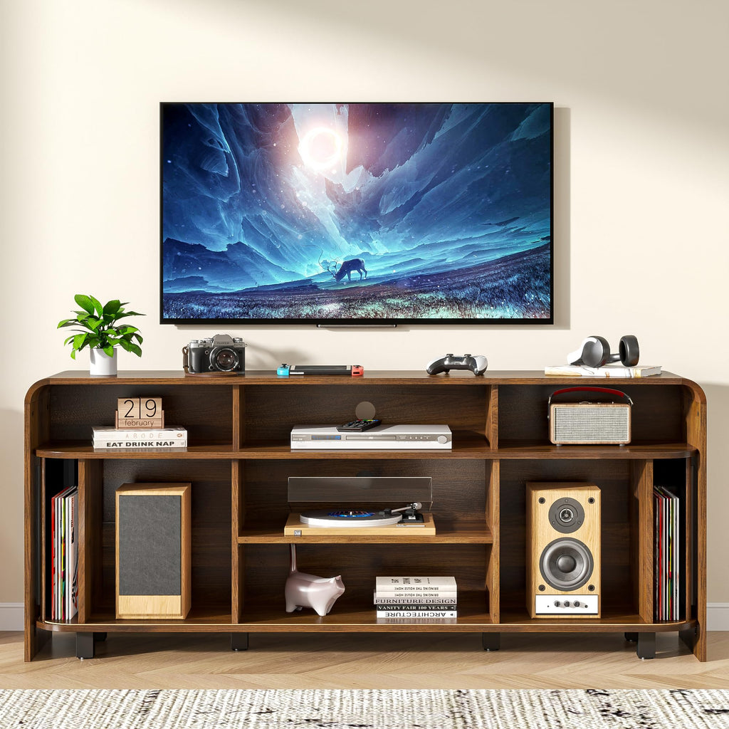 Walnut TV Stand for 65 70 75 Inch TV, Fluted Mid Century Modern TV Console with Sliding Doors, 63 Inch Entertainment