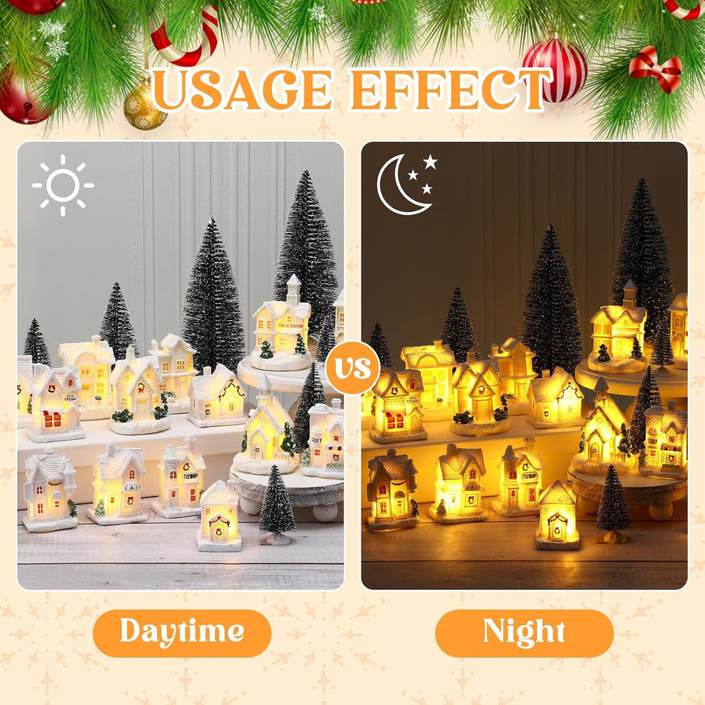 26 Pcs Christmas Winter Village Set, Cute, 8 LED Houses Trees Snow