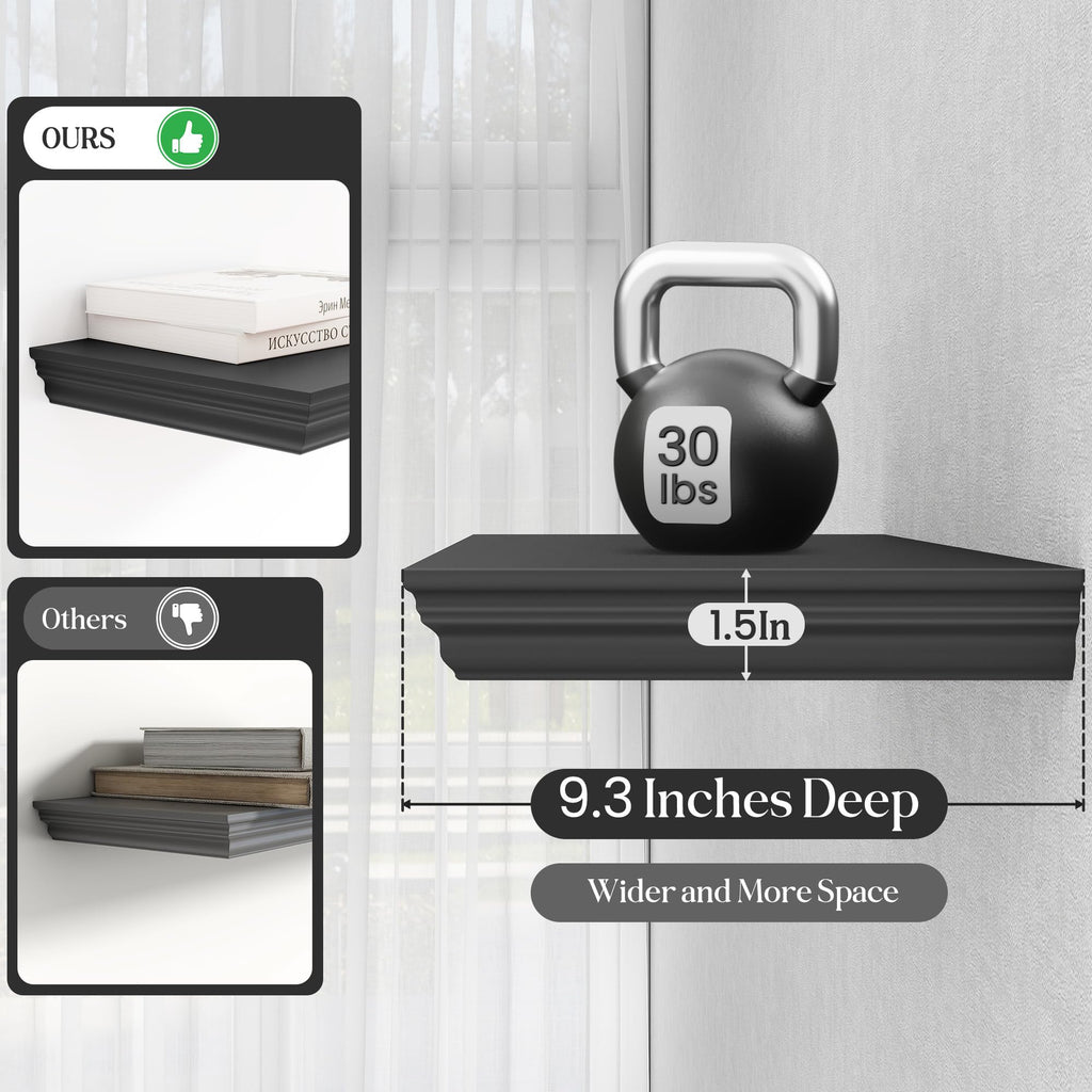 Floating Shelves, Black, 16 Inch Long, 9.3 Inch Deep, 2 Pack