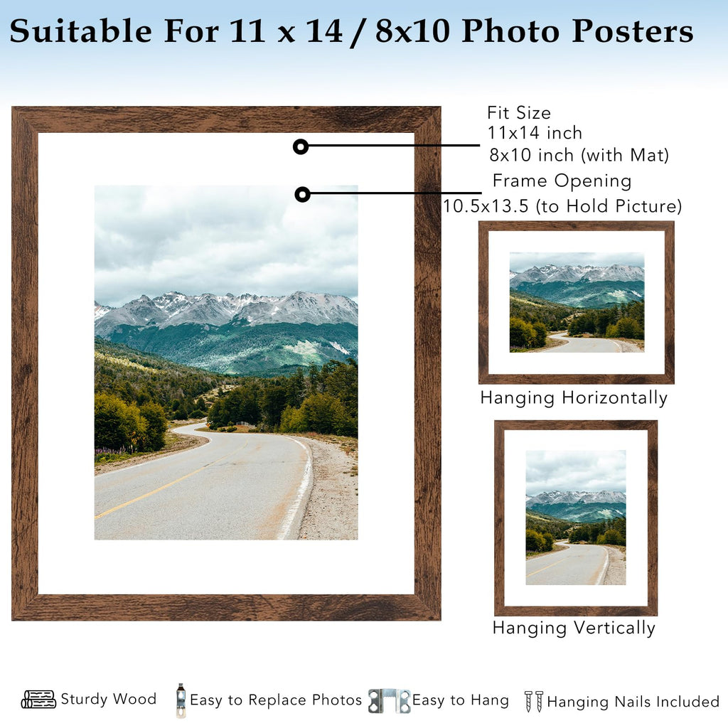 11x14 Picture Frame with 8x10 Mat, Wood 11 by 14 Photo Frame