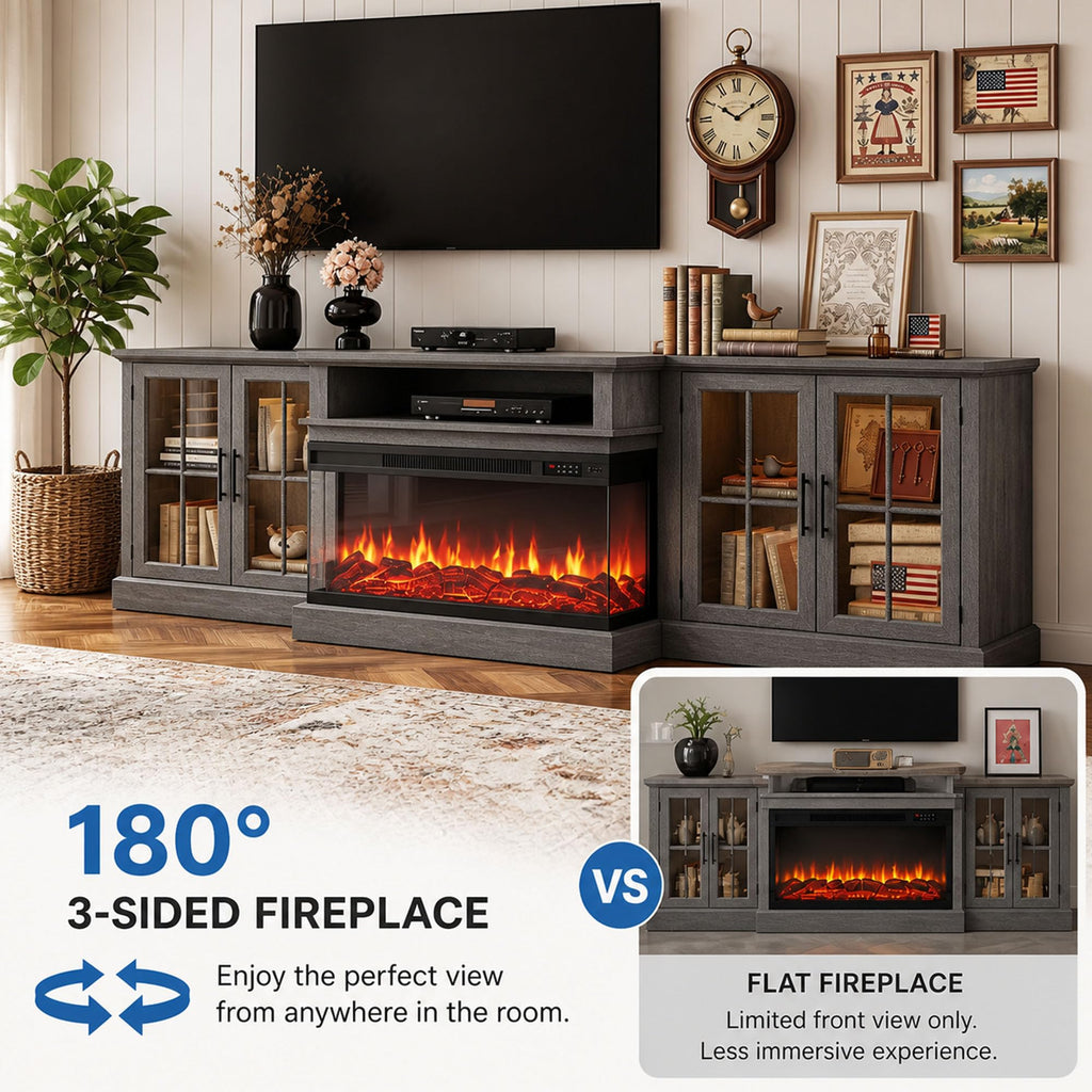 98" Farmhouse TV Stand with 36" Fireplace, Gray & Black